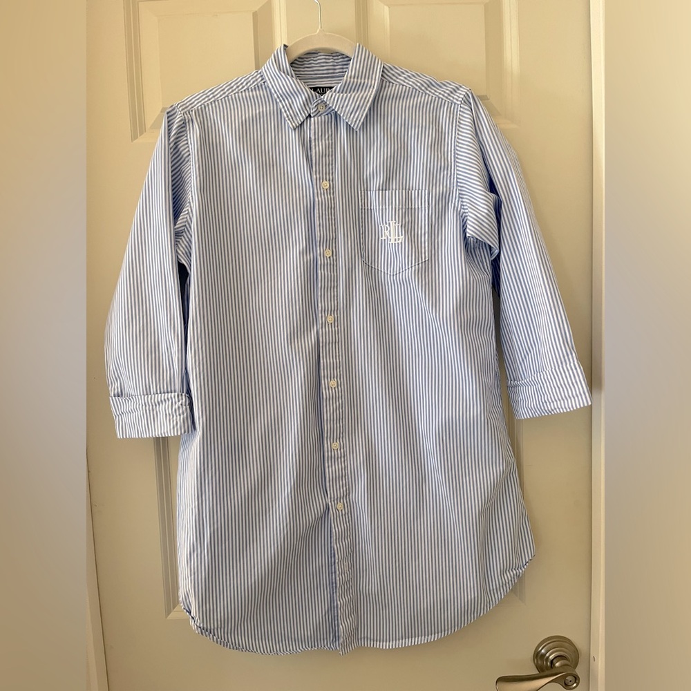 Lauren Ralph Lauren button down sleep shirt monogram pocket blue white unisex XS
